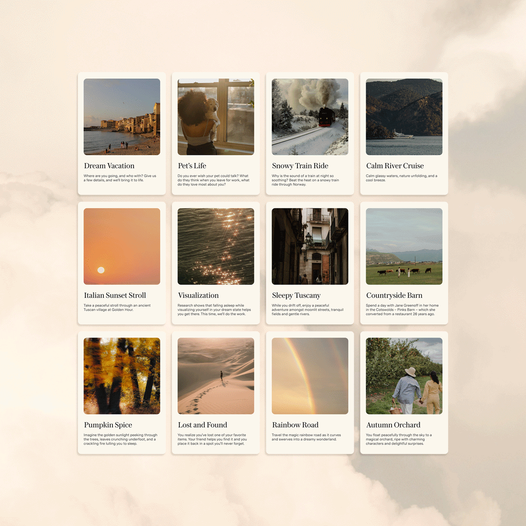 Animated grid of Loftie+ sleep stories and audio content