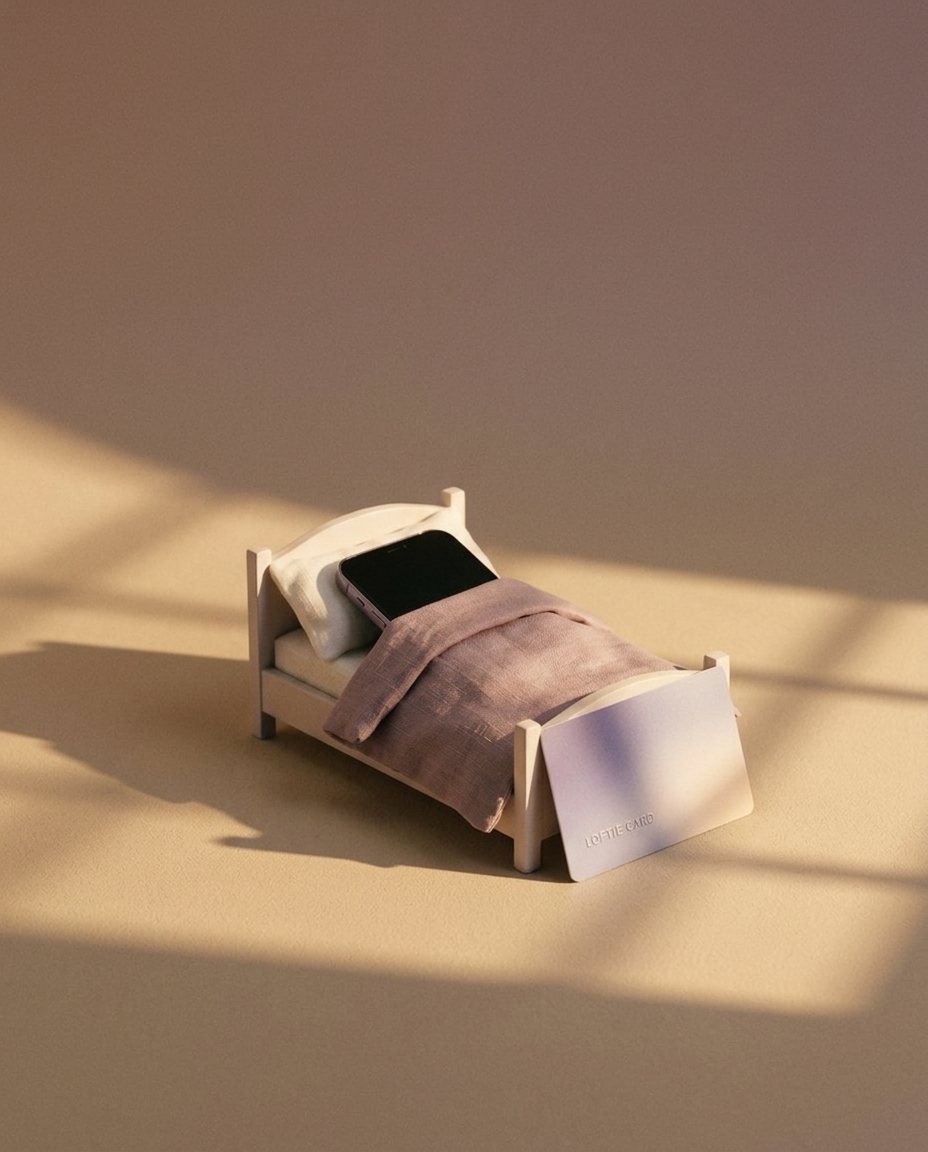 A phone tucked into a tiny bed with the Loftie Card leaning against it