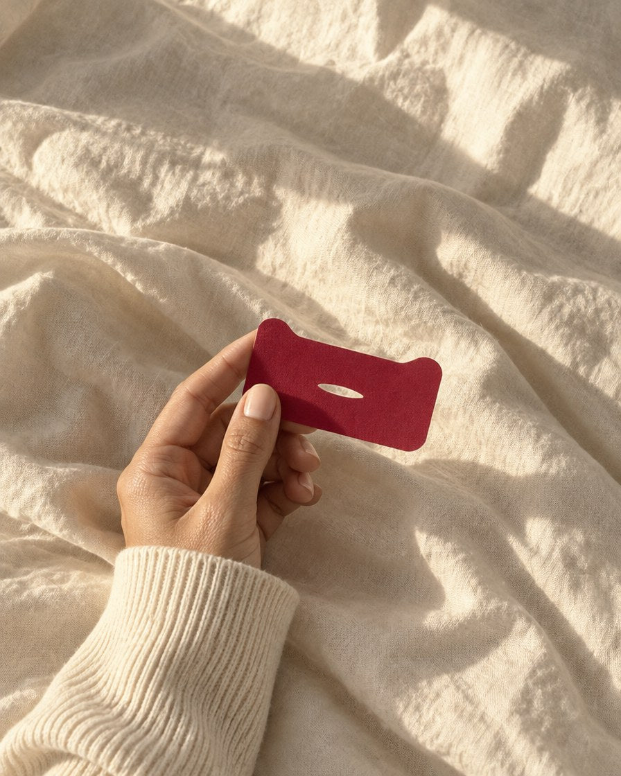 A peeled mouth tape strip on morning bedsheets